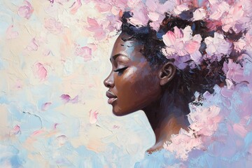 African Woman with Ethereal Blooming Flowers and Flowing Brushstrokes in Pastel Oil Painting