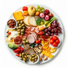 Round catering platter full of appetizers including cheese, cold cuts, vegetables, fruits, nuts and dips, ready for a party