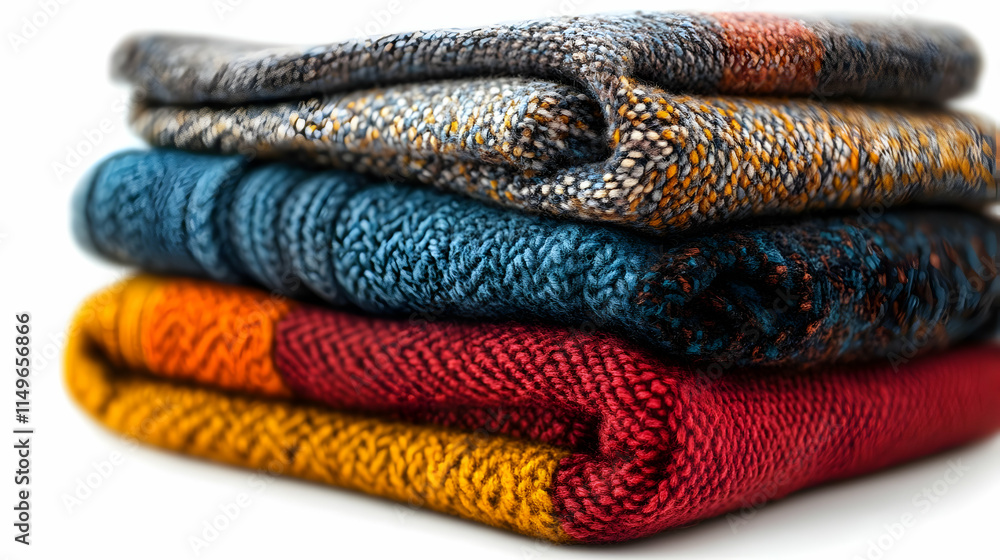 Aufkleber a stack of colorful knitted blankets showcasing various textures and patterns.