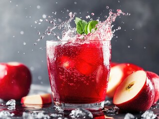  Red apple fruit juice splash in glass.