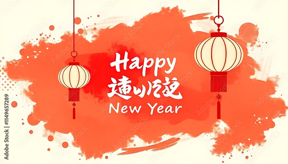 Poster a red and orange abstract background with chinese lanterns and the text happy chinese new year 2025c