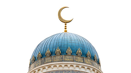 A mosque dome with a crescent moon glowing above it, isolated on white 