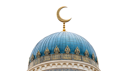 A mosque dome with a crescent moon glowing above it, isolated on white 