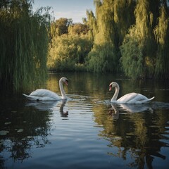 A pair of swans gracefully swimming in a tranquil lake surrounded by willows.