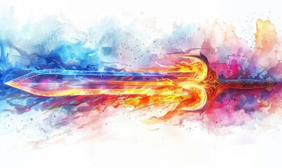 Flaming sword of the spirit illuminated by vibrant colors in watercolor style