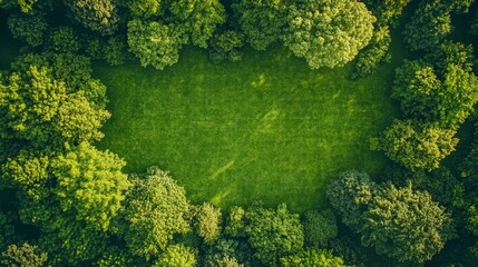 Naklejka premium Aerial View of Green Meadow Surrounded by Lush Trees