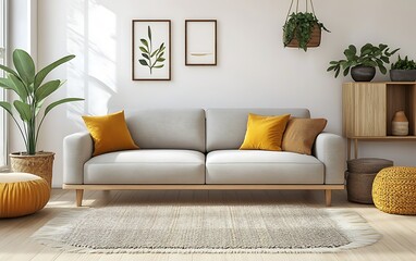 Fototapeta premium Modern living room interior with gray sofa, yellow pillows, plants, and wooden accents.