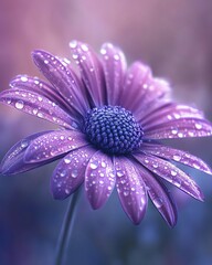 Obraz premium A daisy flower in full bloom with water drops delicately perched on its petals, captured in a closeup for a refreshing floral image