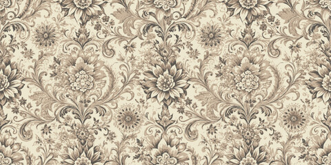 Elegant floral wallpaper design in neutral tones with intricate detailing.