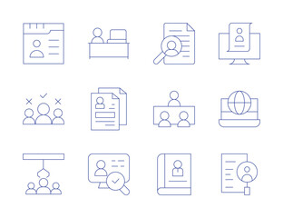 Recruitment icons. Thin Line style, editable stroke. applicant, book, cv, hr, international recruitment, interview, candidate, hire, online recruitment, recruitment