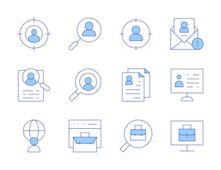 Recruitment icons. Line Duotone style, editable stroke. applicant, computer, human resources, job search, online recruitment, business, international job