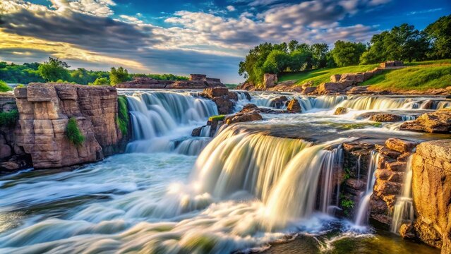 Sioux Falls Waterfall, South Dakota - Majestic Cascading Water, Nature Landscape Photography