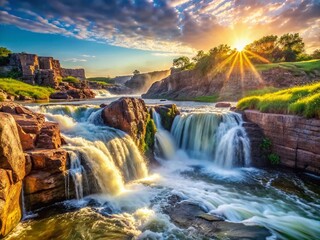 Sioux Falls Waterfall Sunny Day Photography - Majestic Cascade, Scenic South Dakota Landscape