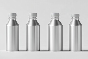 Four Silver Metal Bottles Stand In A Row