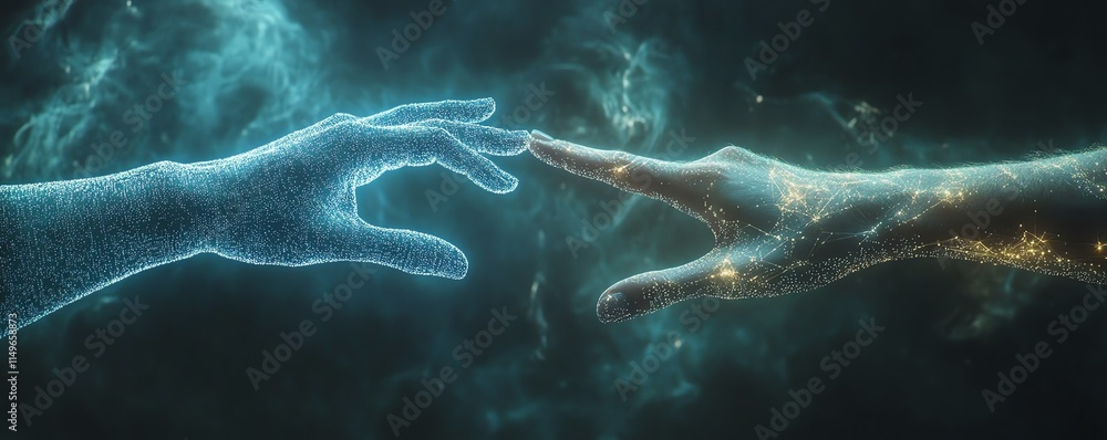Poster a hightech business concept showing two hands almost touching, symbolizing the synergy between artif