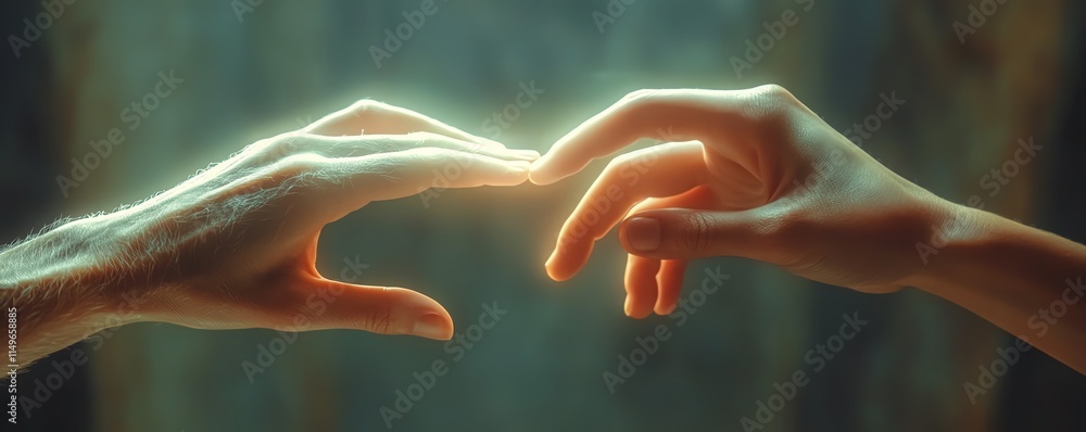 Poster a hightech business concept showing two hands almost touching, symbolizing the synergy between artif