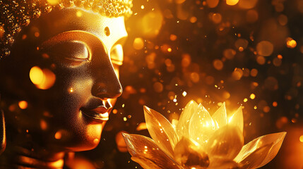 Radiant golden Buddha statue surrounded by luminous lotus flowers emanates a serene glow against a dark backdrop