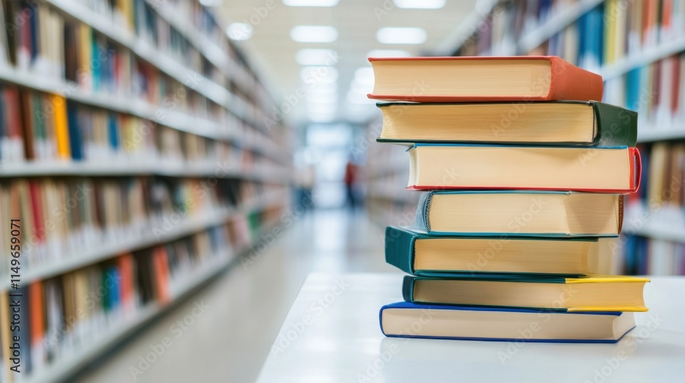 Poster stack of colorful books on a table with library background