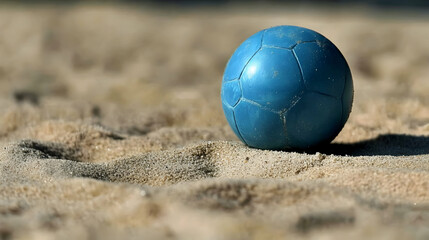 A blue ball resting on sandy ground, likely for beach handball or similar sports.