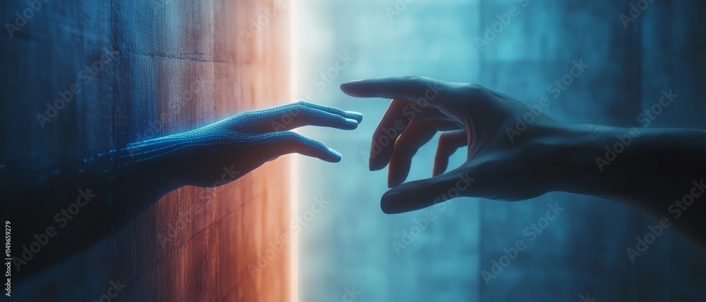 Aufkleber A modern, sleek image of two hands about to touch, representing the futuristic fusion of artificial intelligence and human technology in business
