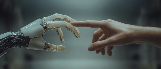 Obraz premium A modern, sleek image of two hands about to touch, representing the futuristic fusion of artificial intelligence and human technology in business
