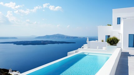Fototapeta premium Serene Pool Overlooking Aegean Sea in Santorini, Greece Resort