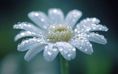 A macro shot of a daisy flower with crystalclear water drops on its white petals, surrounded by a soft green background