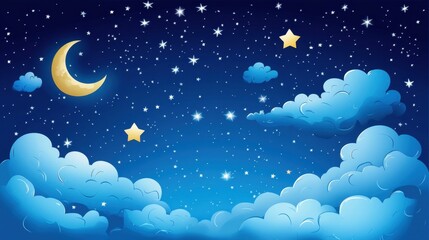Naklejka premium Night Sky Illustration with Clouds, Moon and Stars in Deep Blue