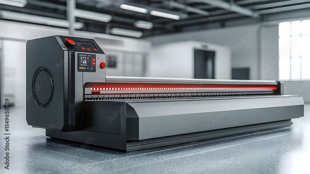 Poster a modern printing machine with a sleek design and illuminated features for industrial use.