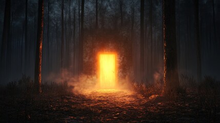 Fototapeta premium Mysterious Glowing Door in Enchanting Dark Forest at Dusk