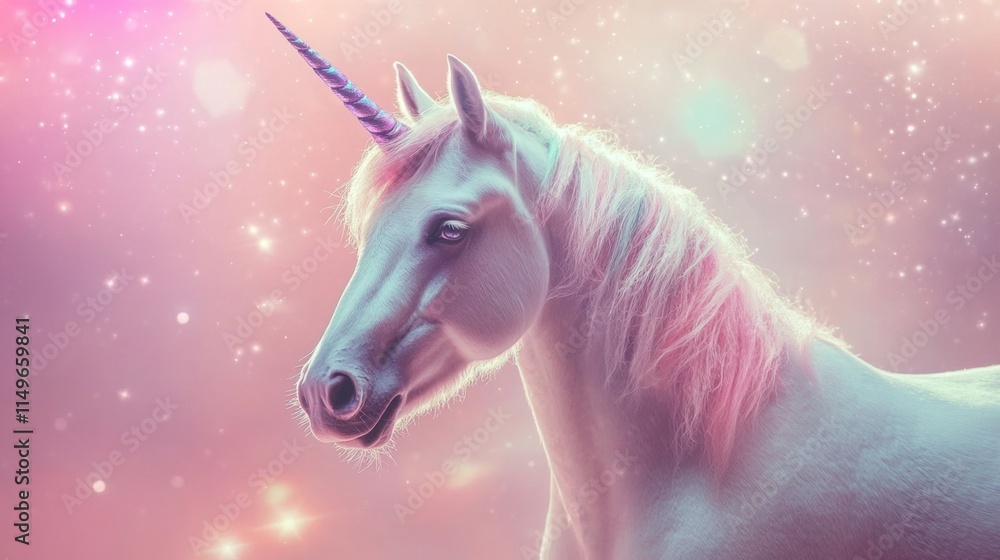 Poster enchanting unicorn with colorful mane and magical background