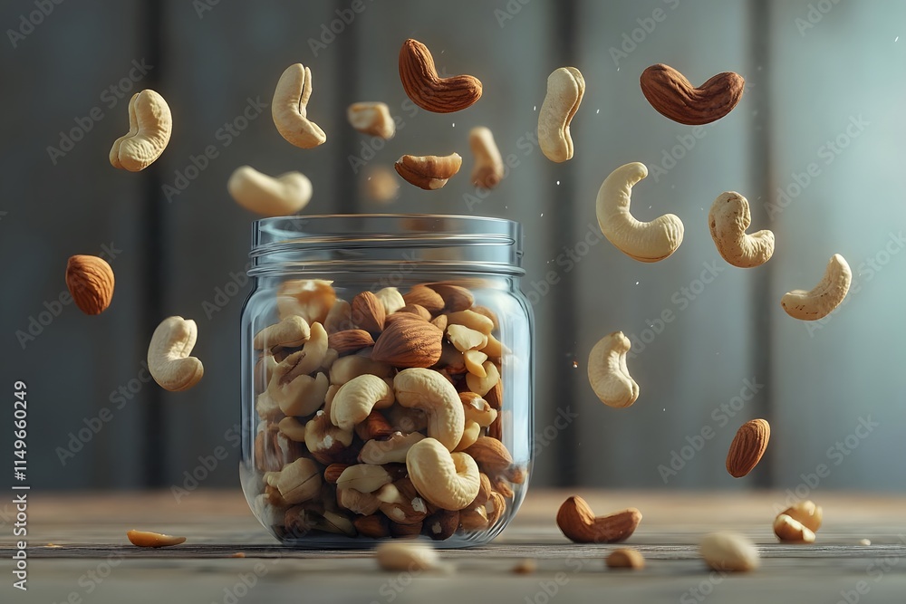 Poster a jar filled with assorted nuts, with some nuts floating around, creating a dynamic scene.