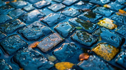 Obraz premium A close-up image of wet cobblestones reflecting light, with scattered autumn leaves providing a vibrant contrast, Ideal for themes like nature, weather, or urban landscapes,