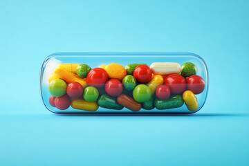 Colorful multivitamin capsule resting on a blue background showcasing a vibrant array of healthy ingredients
