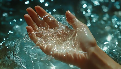A woman s hand holding a pool of clear water, with droplets catching the light, in a fresh and organic concept image