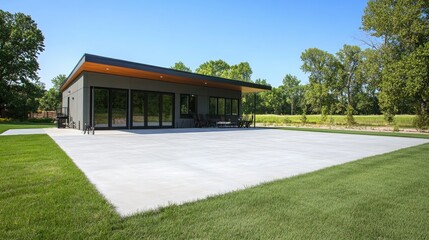 Modern minimalist house with spacious patio and green landscape