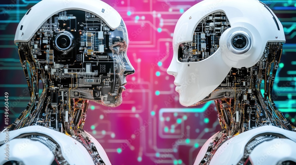 Poster futuristic robots with circuitry faces in technology environment
