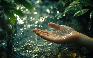 Fototapeta premium A womans hand holding a delicate stream of water, captured in a soft, natural light for a serene and peaceful water concept