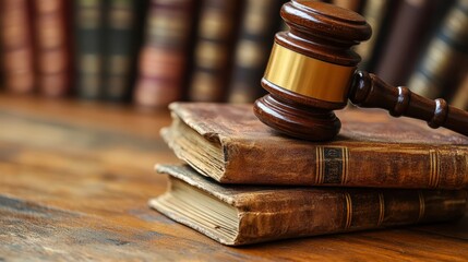A vintage gavel rests on top of two old law books, evoking a sense of tradition and authority, This image can be used for legal publications, law firm websites