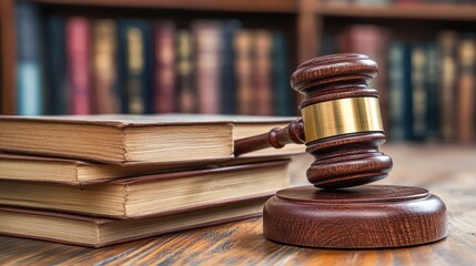 A gavel rests beside stacked law books on a wooden table, symbolizing justice and legal proceedings, Ideal for articles, websites, or presentations related to law, justice, or legal education,