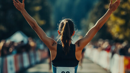 Runner crosses finish line with arms raised in celebration during race event. 