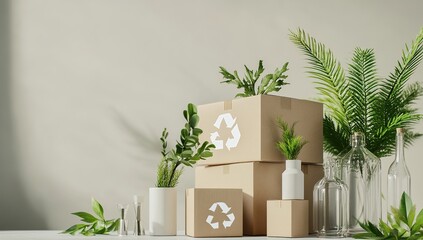 Fototapeta premium Eco-Friendly Packaging: Sustainable Boxes and Plants, Recycling Symbol, Greenery Decor, Aesthetic Cardboard Arrangement, Zero Waste Lifestyle