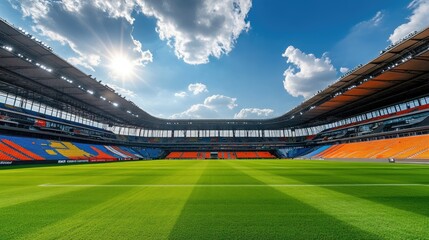Bright and Spacious Stadium with Lush Green Field under Blue Sky