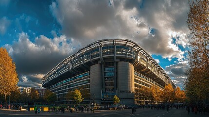 Naklejka premium Modern Stadium Architecture Against Dramatic Sky at Sunset