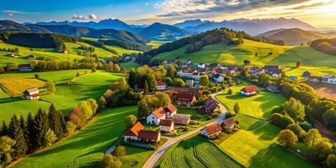 Slovenian Countryside: Sun-Drenched Homes & Lush Green Landscape - Drone View