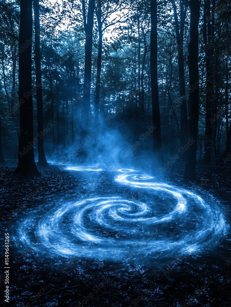 Poster a swirling blue light shines in the middle of a dense forest, creating a magical and mysterious atmo
