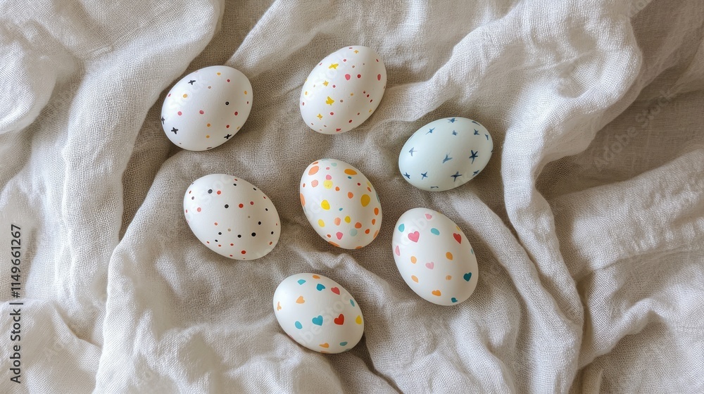 Poster decorative easter eggs with colorful patterns on neutral fabric
