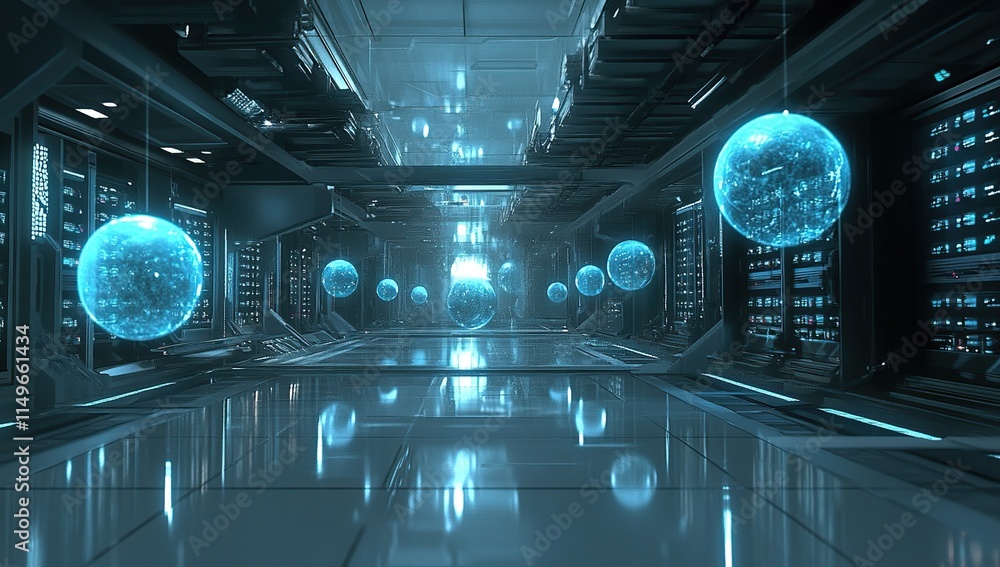 Poster exploring futuristic server room: glowing spheres illuminate advanced data center, reflecting innova