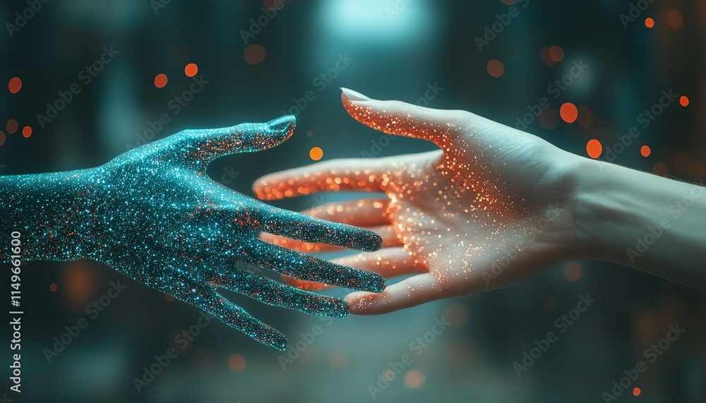 Poster closeup of two hands almost touching, representing the convergence of artificial intelligence and hu