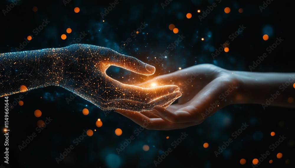 Poster closeup of two hands almost touching, representing the convergence of artificial intelligence and hu